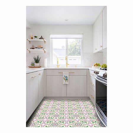 Adesivo Para Piso Antiderrapante Lavável Floral Rosa e Verde