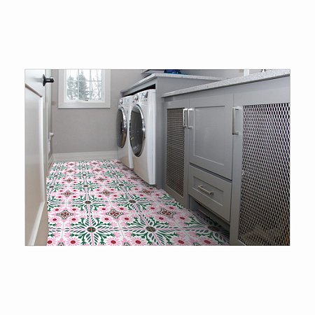 Adesivo Para Piso Antiderrapante Lavável Folhagem Verde e Rosa