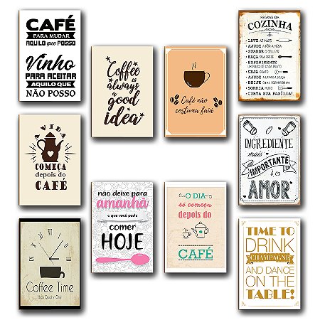 Kit Com 10 Quadros Placa MDF Decoração Cozinha Copa Café