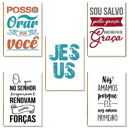 Kit com 5 Placas MDF Frases Cristãs Motivacionais A4 FE16