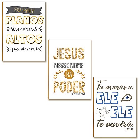 Kit 3 Placas MDF Frases Jesus Nesse Nome Tem Poder FE14