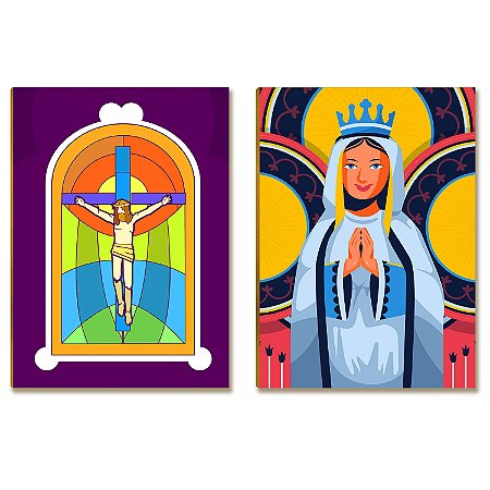 Kit 2 Placas MDF Jesus E Maria Quadro Religioso Tam A4 FE8
