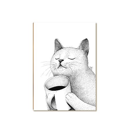 Placa Decorativa MDF Gato e Café Sala Quarto Escritório GT3