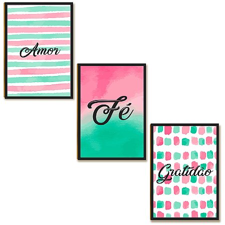 Kit 03 Placas MDF Amor Fé Gratidão Quadros Decor Tam A4 AR4