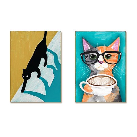 Kit 02 Placas MDF Arte Moderna com Gatos e Café Tamanho A4