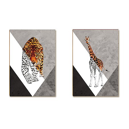Kit 02 Placas MDF Girafa e Onça Decoração Parede Tam A4 AN3