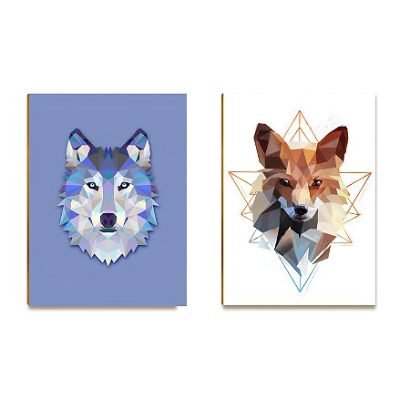 Kit 02 Placas MDF Lobo e Raposa Decoração Parede  Tam A4