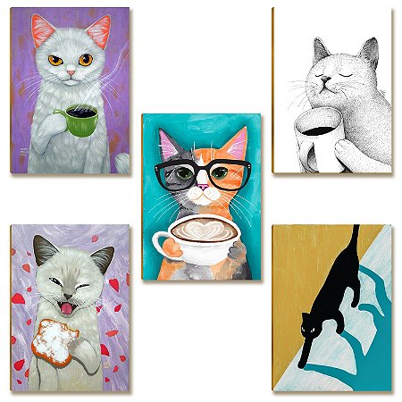 Kit 05 Placas MDF Gatos e Café Decoração Divertida DC12