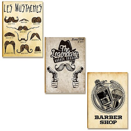 Kit com 03 Placas MDF Barbearia Les Mustaches Parede BR35