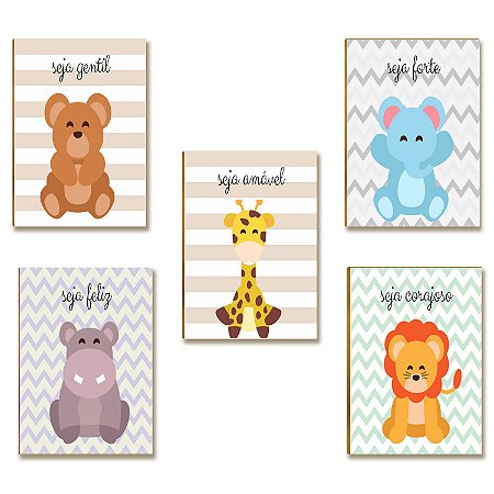 Kit 5 Placas MDF Infantil Bichinhos Gentil Forte Feliz A4