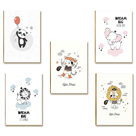 Kit 5 Placas MDF Infantil Bichinhos Panda Elefante Leão A4
