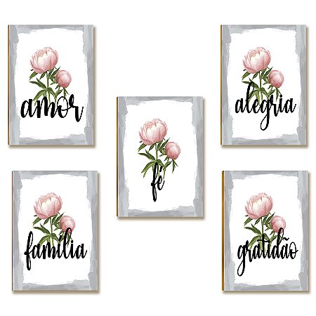 Kit 5 Placas MDF Floral Rosé Amor Alegria Fé Família A4