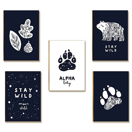 Kit 5 Placas MDF Infantil Stay Wild Urso Pegadas Parede A4