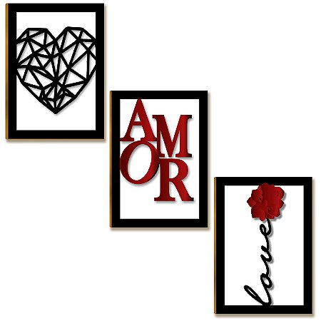 Placas MDF Amor 3D Preto Vermelho Flor Love Parede A4