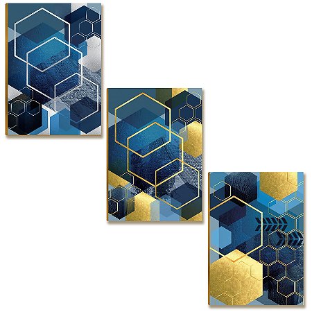 Placas MDF Abstrato Azul e Dourado Geométrico Parede A4