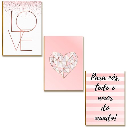 Kit de 03 Placas MDF Love Coração e Frase Amor Mundo A4