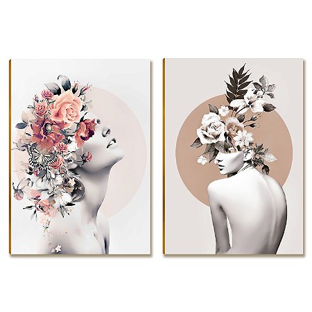 Placas MDF Mulher Floral Abstrata Decorativa Duas Unidades A4
