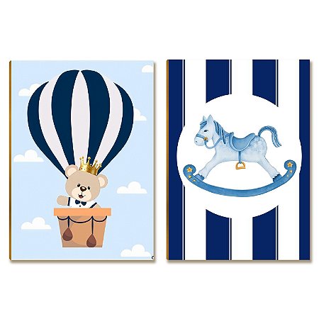 Placas MDF Infantil Ursinho Azul e Cavalinho Quarto Bebê A4