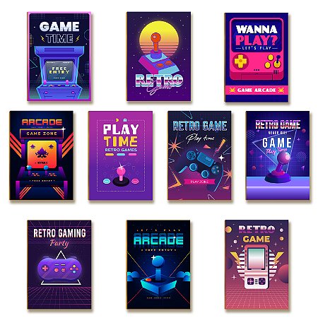 Kit 10 Placas MDF Gamer Retrô Arcade Vintage Parede Moderna