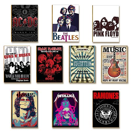 Kit 10 Placas Decorativas Bandas de Rock Clássico Retrô