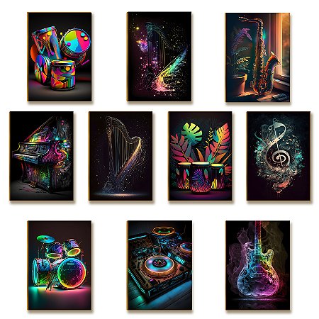 Kit 10 Placas Decorativas Instrumentos Música Neon Moderno