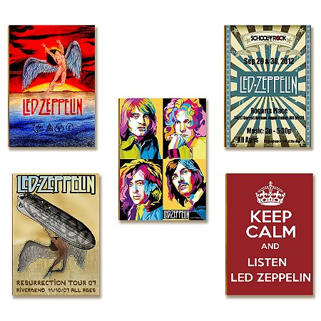 Kit 5 Placas Decorativas Led Zeppelin Rock MDF A4