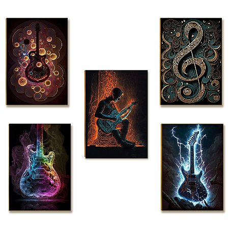 Kit 5 Placas Decorativas Guitarras Arte Música MDF A4