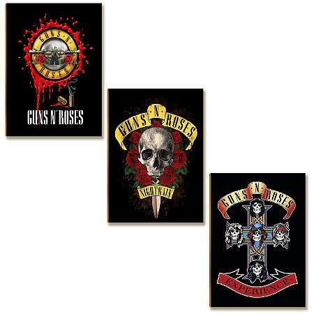 Kit 3 Placas MDF Guns N’ Roses Caveira Rosas Cruz Decor Rock