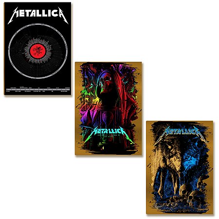 Kit 3 Placas MDF Metallica Relógio Caveira Lobos Decor Rock