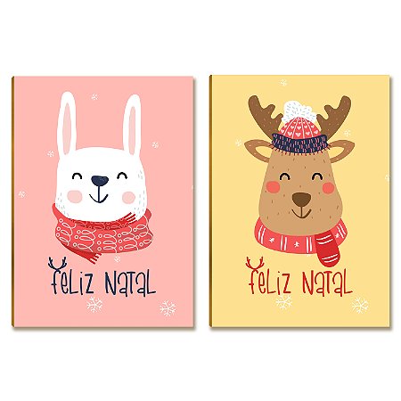 Kit 2 Placas MDF Natal Coelho e Rena Fofos Decor Festas A4