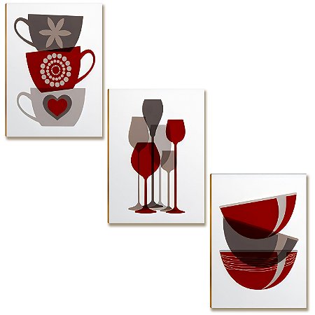 Kit 3 Placas MDF Cozinha Taças Xícaras Vermelho A4 Decor