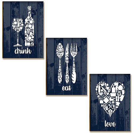 Kit 3 Placas MDF Cozinha Drink Eat Love Rústico A4
