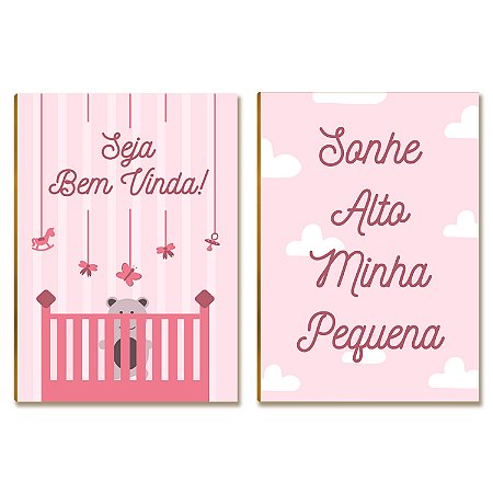 Kit 2 Placas MDF Infantil Bem-Vinda Rosa Quarto Menina A4