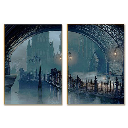 Kit 2 Placas MDF Geek Fantasia Gótica Cenário Azul A4