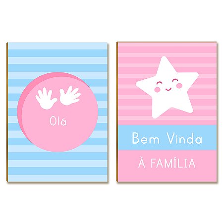 Kit 2 Placas MDF Infantil Bem-Vinda Rosa Azul Quarto Tam A4
