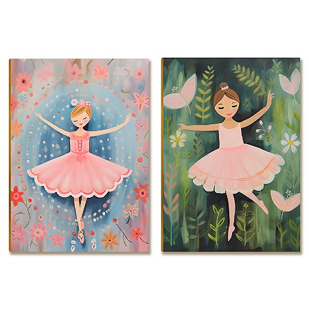Kit 2 Placas MDF Infantil Bailarinas Rosa Quarto Menina A4