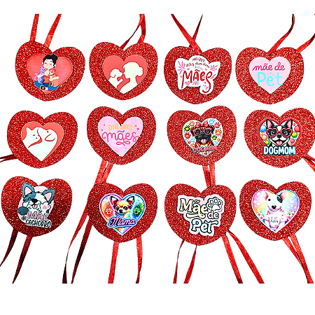 Kit 10 Gravatinhas Coração Pet Vermelho com Glitter