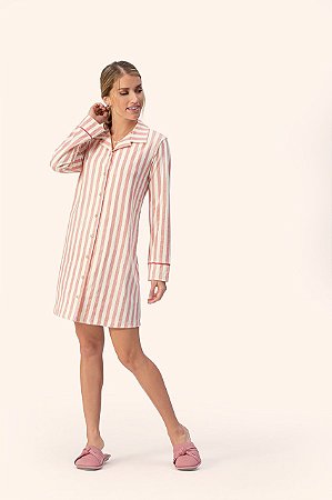 10300007 - Camisão aberto de manga longa listrado em 100% algodão