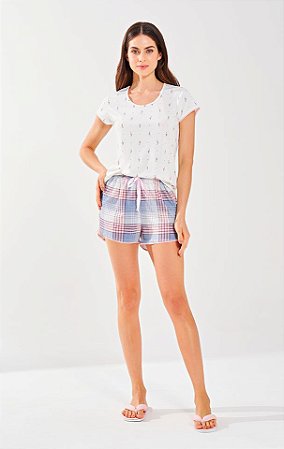 3759 - Pijama com shorts xadrez e blusa de manga curta