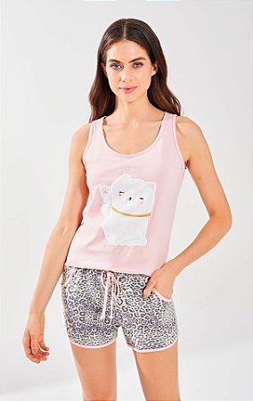 3768 - Pijama com shorts e regata com aplique de gatinho