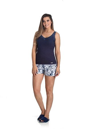 0701092 - Pijama de shorts de algodão com regata em ribana