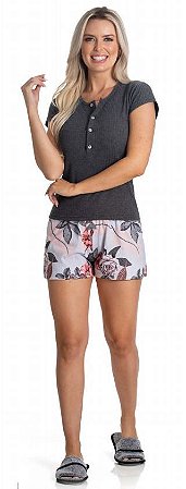 0701087 - Pijama shorts algodão e blusa em ribana de manga curta