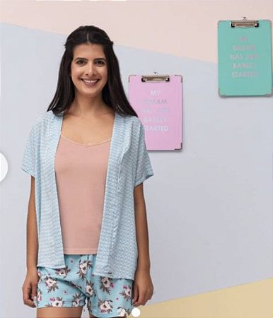 1011 - Pijama 3 peças shorts, blusa de alcinha e coat viscomodal