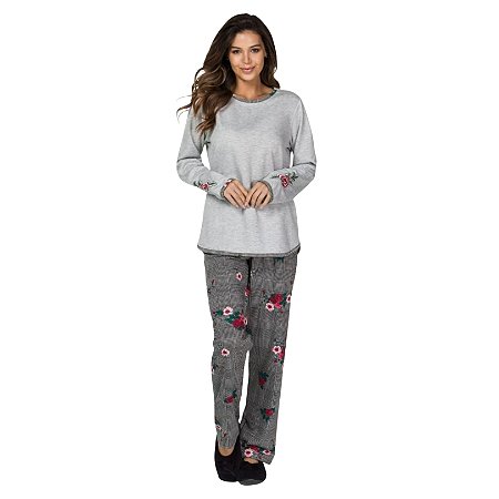 9385 - Pijama feminino em moletinho flanelado calça floral