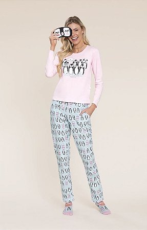14938 - Pijama Feminino Calça e Manga Longa Pinguins