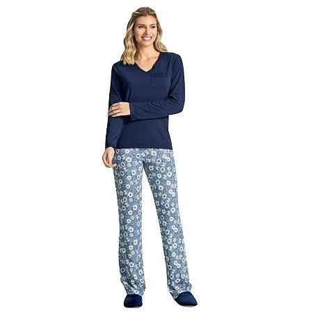 10100055 - Pijama Feminino calça e manga longa 100% algodão
