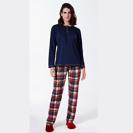 9654 - Pijama feminino calça e manga longa em malha