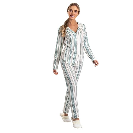 0801018 - Pijama Feminino Calça e Manga Longa Aberto