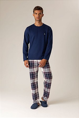 9757 - Pijama Masculino Moletinho Xadrez com Blusa Marinho