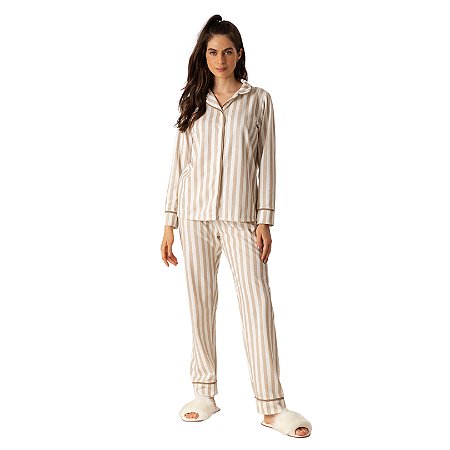 9883 - Pijama Feminino Flanelado com Botões Listrado
